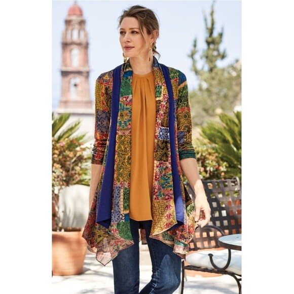 Soft Surroundings lzmur Kimono Open Cardigan Navy Gold draped Large Mixed Media - Picture 1 of 12